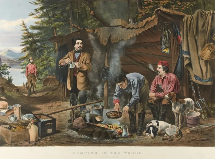 Framed Print : Camping in the Woods, A Good Time Coming, by Currier & Ives. Four well equipped gentlemen are camping in the woods near a lake