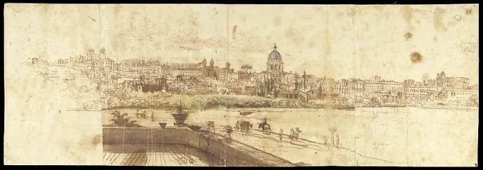 Framed Print : Campo Marzio from Prati di Castello, by Gaspar Van Wittel also known as Gaspare Vanvitelli, 1683, 17th Century, pen, ink and colored watercolor on checked paper - Italy, Lazio