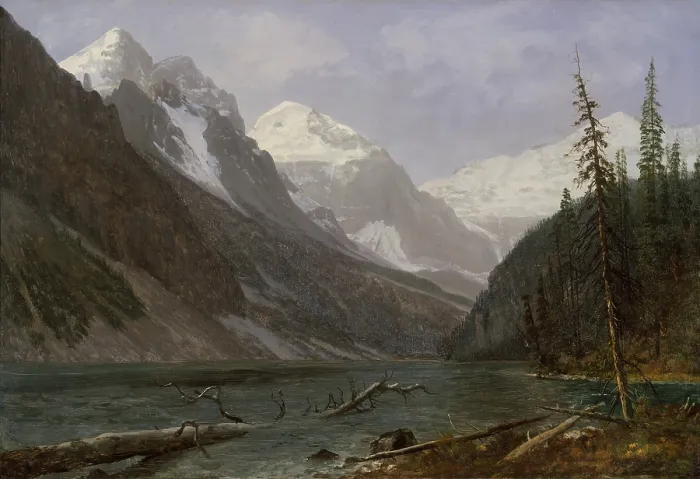 Framed Print : CANADIAN ROCKIES (LAKE LOUISE), by Albert Bierstadt, 1889, American painting, oil on paper. Bierstadt made oil sketches such as this one during his trip to the Canadian Rockies