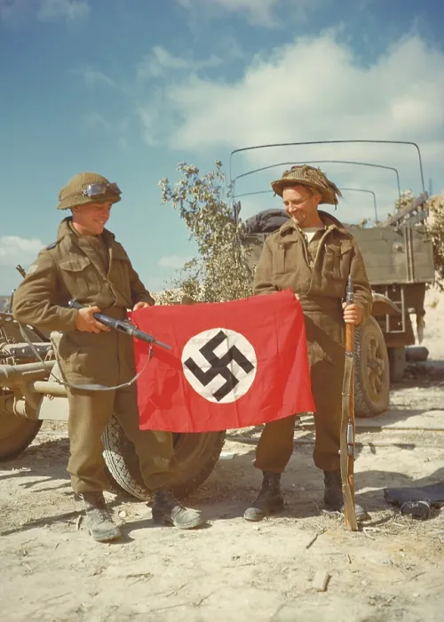 Framed Print : Canadian soldiers with a Nazi flag captured in Haut-Mesnil. August 10, 1944. Normandy, France, World War 2. (BSLOC_2014_2_133) Framed Print : Canadian soldiers with a Nazi flag captured in Haut-Mesnil. August 10, 1944. Normandy, France, World War 2. (BSLOC_2014_2_133)