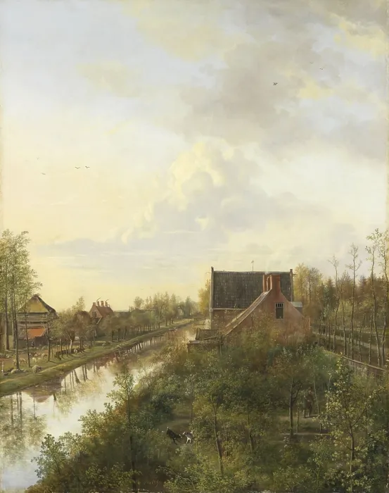 Framed Print : The Canal at s-Graveland, by Pieter Gerardus van Os, 1818, Dutch painting, oil on canvas. Van Os painted this scene from a window in a multi-storied tall building