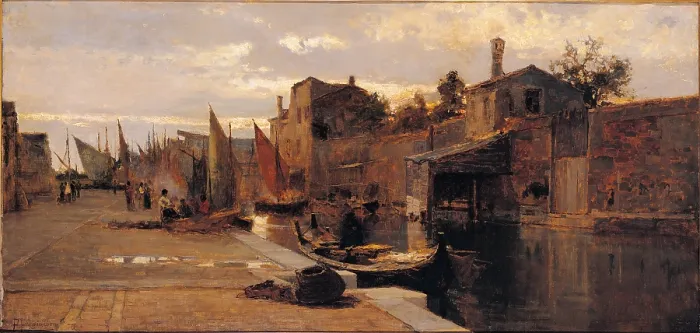 Framed Print : Canal of the Venetian Lagoon, by Pietro Fragiacomo, 19th Century - 20th Century, oil on panel, cm 49, 7 x 80 - Italy, Lombardy, Milan, Credito Artigiano