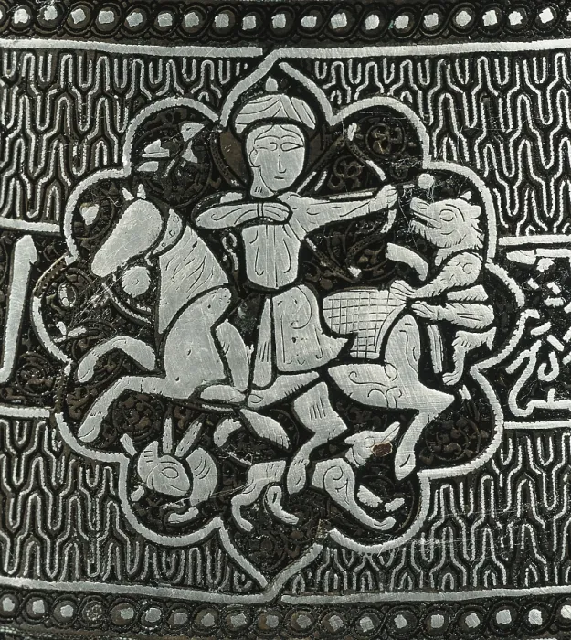 Framed Print : Candelabrum. 13th c. Detail with a hunting scene. Made silver and copper. Islamic art. Jewelry. EGYPT. Cairo. Museum of Islamic Arts