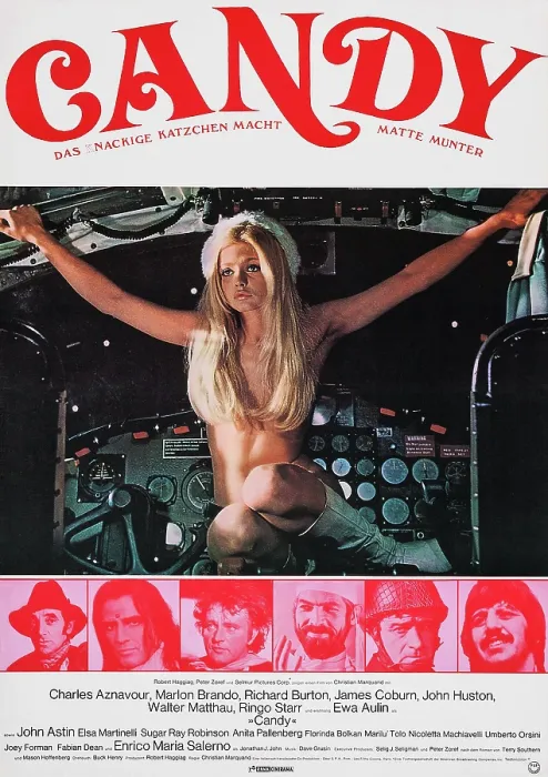 Framed Print : CANDY, German poster, Ewa Aulin (top), bottom form left: Charles Aznavour, Marlon Brando, Richard Burton, James Coburn, Walter Matthau, Ringo Starr, 1968