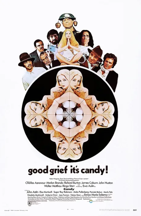 Framed Print : CANDY, top l-r: Ringo Starr, John Astin, John Huston, James Coburn, Walter Matthau, Ewa Aulin, Marlon Brando, Charles Aznavour, Richard Burton, bottom: Ewa Aulin on poster art