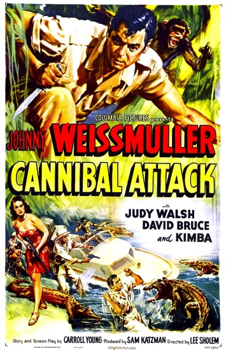 Framed Print : CANNIBAL ATTACK, US poster, Johnny Weismuller (top), 1954 Framed Print : CANNIBAL ATTACK, US poster, Johnny Weismuller (top), 1954