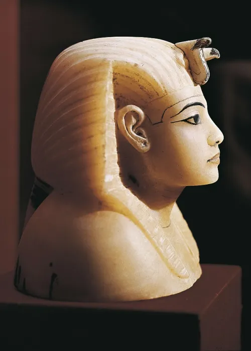 Framed Print : Canopic vase lid with Tutamkhamen's effigy. 1370 - 1352 BC. Egyptian art. New Kingdom. Sculpture in the round. EGYPT. Cairo. Egyptian Museum. Proc: EGYPT. Dayr al-Bahri