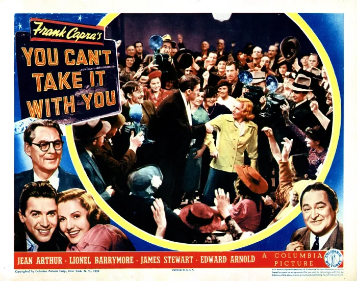 Framed Print : YOU CAN'T TAKE IT WITH YOU, outside, from top, Lionel Barrymore, James Stewart, Jean Arthur, Edward Arnold, inset, James Stewart, Jean Arthur, 1938
