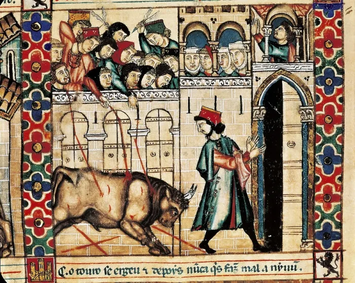 Framed Print : Cantigas de Santa Maria (Virgin Mary Songs). 13th c. Cantiga (song) 144: 'El toro de Plasencia' (The Bull of Plasencia). Gothic art. Miniature Painting. SPAIN Framed Print : Cantigas de Santa Maria (Virgin Mary Songs). 13th c. Cantiga (song) 144: 'El toro de Plasencia' (The Bull of Plasencia). Gothic art. Miniature Painting. SPAIN