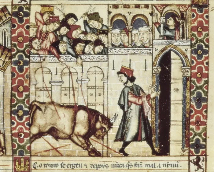 Framed Print : Cantigas de Santa Maria (Virgin Mary Songs). 13th c. Cantiga (song) 144: 'El toro de Plasencia' (The Bull of Plasencia). Gothic art. Miniature Painting. SPAIN