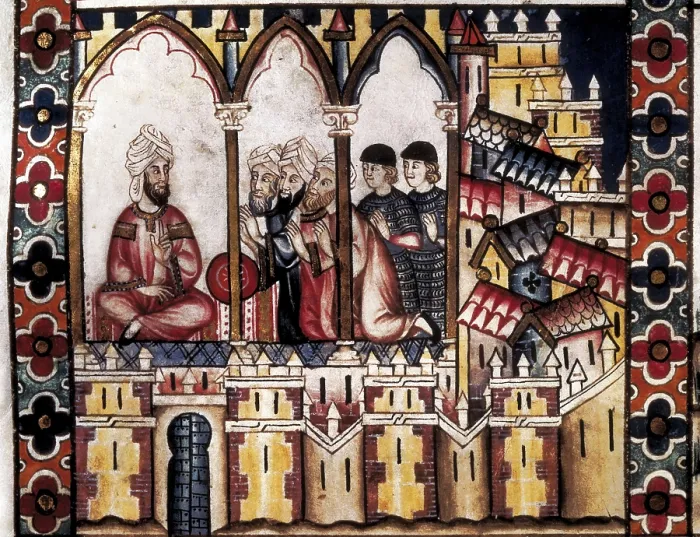 Framed Print : Cantigas de Santa Maria (Virgin Mary Songs). 13th c. Illustration of the cantiga (song) 181 depicting the Muslim Court. Gothic art. Miniature Painting. SPAIN