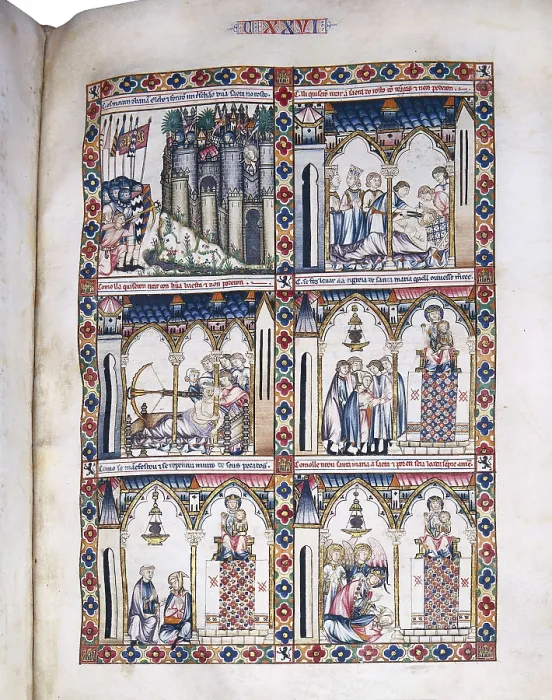 Framed Print : Cantigas de Santa Maria (Virgin Mary Songs). 13th c. Fol. 126. Representation of the Miracle of Elche. Gothic art. Miniature Painting. SPAIN. San Lorenzo de El Escorial