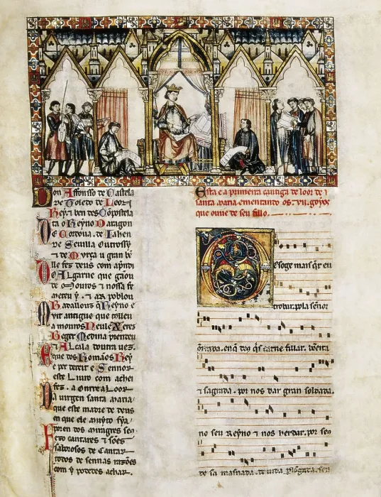 Framed Print : Cantigas de Santa Maria (Virgin Mary Songs). 13th c. The King Alfonso X surrounded by musicians and scribes. Gothic art. Miniature Painting. SPAIN. San Lorenzo de El Escorial Framed Print : Cantigas de Santa Maria (Virgin Mary Songs). 13th c. The King Alfonso X surrounded by musicians and scribes. Gothic art. Miniature Painting. SPAIN. San Lorenzo de El Escorial