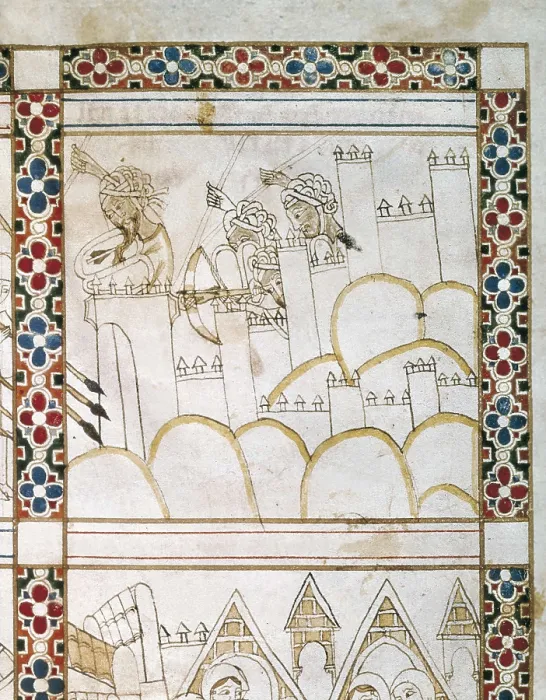 Framed Print : Cantigas de Santa Maria (Virgin Mary Songs). 13th c. Arab soldiers defending a city wall face to the Castilian army's attack. Gothic art. Miniature Painting. SPAIN Framed Print : Cantigas de Santa Maria (Virgin Mary Songs). 13th c. Arab soldiers defending a city wall face to the Castilian army's attack. Gothic art. Miniature Painting. SPAIN