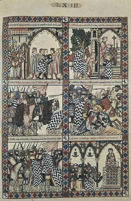 Framed Print : Cantigas de Santa Maria (Virgin Mary Songs). 13th c. Page of the Cantigas (songs) with war and religious scenes. Gothic art. Miniature Painting. SPAIN. San Lorenzo de El Escorial