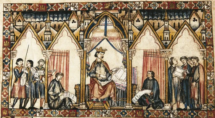 Framed Print : Cantigas de Santa Maria (Virgin Mary Songs). 13th c. The King Alfonso X surrounded by musicians and scribes. Gothic art. Miniature Painting. SPAIN. San Lorenzo de El Escorial Framed Print : Cantigas de Santa Maria (Virgin Mary Songs). 13th c. The King Alfonso X surrounded by musicians and scribes. Gothic art. Miniature Painting. SPAIN. San Lorenzo de El Escorial