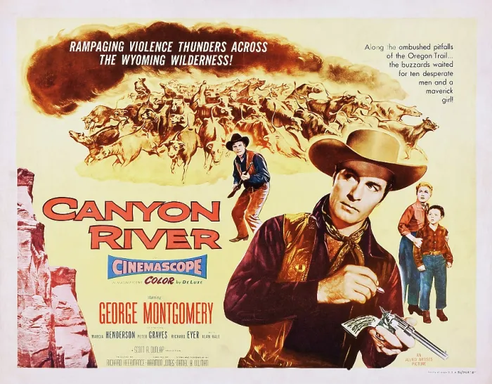 Framed Print : CANYON RIVER, rear: Peter Graves, foreground l-r: George Montgomery, Marcia Henderson, Richard Eyer on title card, 1956