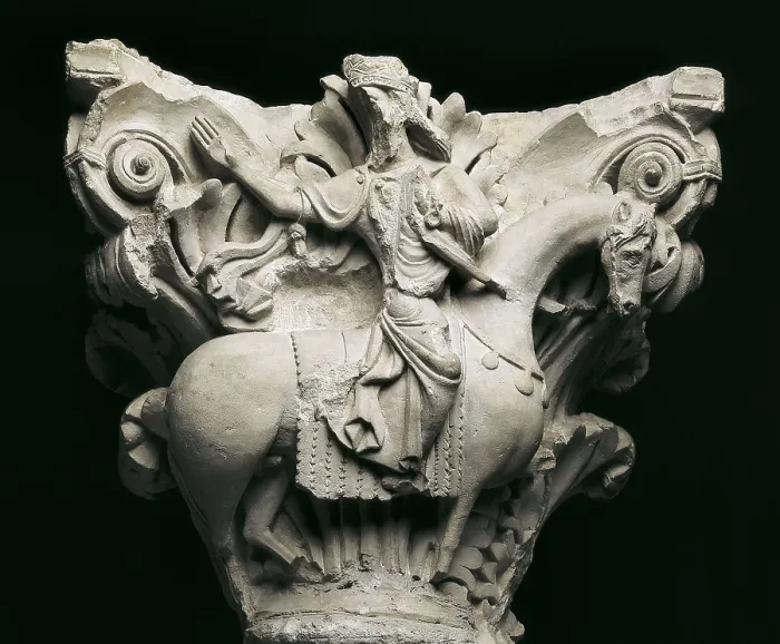 Framed Print : Capital of King David on Horseback. 12th c. Romanesque art. Relief on rock. SPAIN. Madrid. National Museum of Archaeology. Proc: SPAIN. Aguilar de Campoo