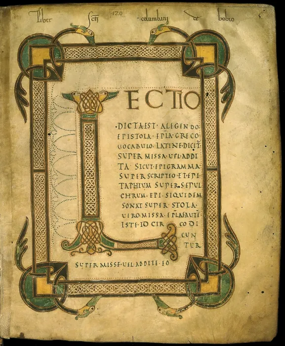 Framed Print : Capital L, by Unknown Artist, 9th - 10th Century, manuscript - Italy, Piedmont, Turin, National University Library. Detail. Illuminated capital letter Ms. F. II, Lezionario, f. 5