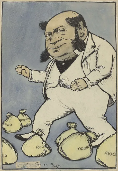 Framed Print : Capitalist, by Jan de Waardt, 1880-99, Dutch watercolor painting, pen & ink drawing. Caricature of a capitalist with a thick, large head, and rings on the fingers