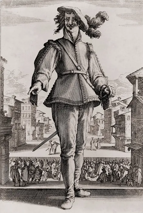 Framed Print : Capitano, a stock character in the Commedia dell'arte, with theatrical stage set and spectators in background Framed Print : Capitano, a stock character in the Commedia dell'arte, with theatrical stage set and spectators in background