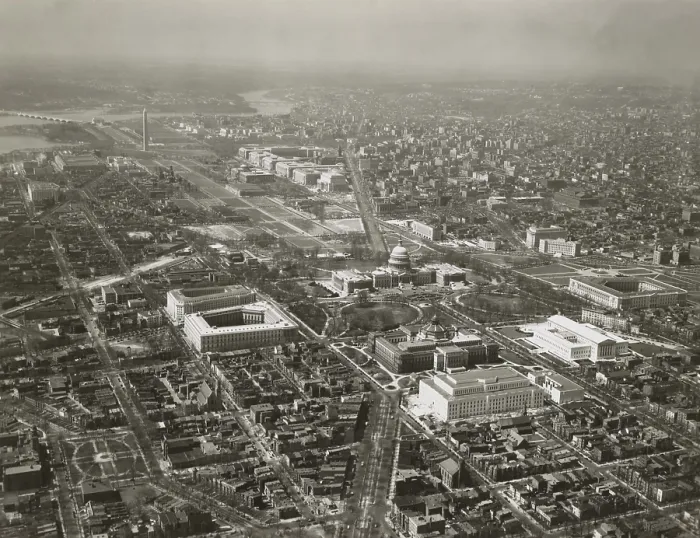 Framed Print : Capitol Hill transformed by new 1930's buildings. Aerial view to northwest