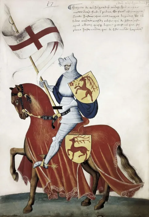 Framed Print : Capodilista Codex. 1434. Knight holding a standard. Renaissance art. Quattrocento. Miniature Painting. ITALY. Padua. Bibliothque Municipale (Municipal Library)