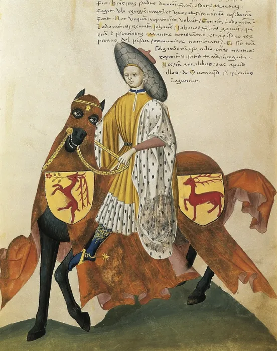 Framed Print : CAPODILISTA, Giovanni Francesco (15th c. - 15th c.). Capodilista Codex. 1434. Portrait of Pisano Capodilista. Folio 27. Renaissance art. Quattrocento. Miniature Painting. ITALY