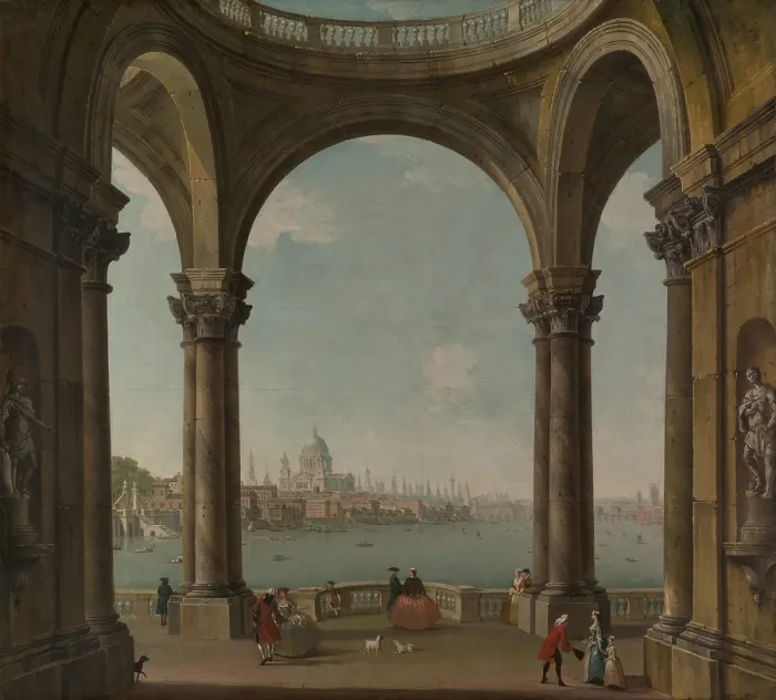Framed Print : CAPRICCIO WITH ST. PAUL'S AND OLD LONDON BRIDGE, by Antonio Joli, 1730-70, Italian oil painting. A capriccio is an architectural fantasy