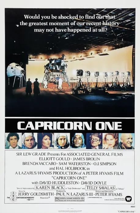 Framed Print : CAPRICORN ONE, l-r: Elliott Gould, James Brolin, Brenda Vaccaro, Sam Waterston, O.J. Simpson, Hal Holbrook, Karen Black, Telly Savalas on US poster art, 1978