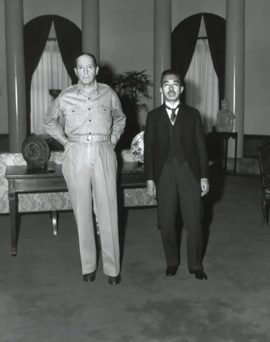 Framed Print : Capt. Gaetano Faillace's photo of a dominatingly tall MacArthur next to smaller Japanese Emperor