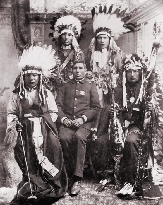 Framed Print : Capt. George Sword, Chief of Indian Police with Buffalo Bills Indians, Pine Ridge Agency, S.D. 1891