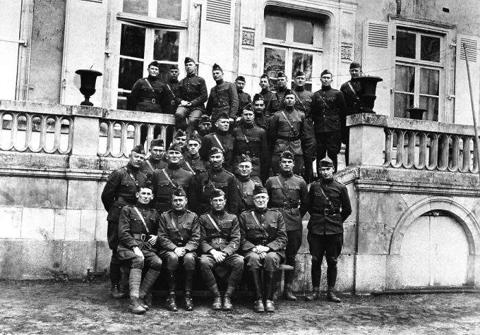 Framed Print : Capt. Harry Truman (second row, third from right) with the officers of the 129th Field Artillery during World War I. Chateau le Chanay near Courcemont, France, March 1919