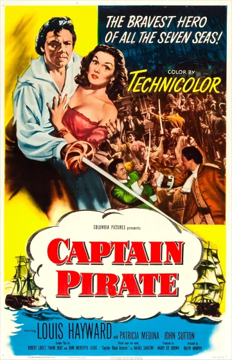 Framed Print : CAPTAIN PIRATE, (aka CAPTAIN BLOOD, FUGITIVE), US poster, top from left: Louis Hayward, Patricia Medina, 1952