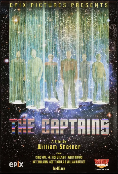 Framed Print : THE CAPTAINS, l-r: Avery Brooks, William Shatner, Kate Mulgrew, Patrick Stewart, Scott Bakula, Chris Pine on US poster art, 2011, Epix / courtesy Everett Collection