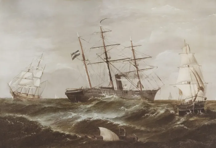 Framed Print : CAPTURE BY THE CONFEDERATE WARSHIP CSS SUMTER OF TWO FEDERAL MERCHANTMEN, by W.H. Moody, 1887. The Confederate blockade runner and commerce raider flies Argentine flag