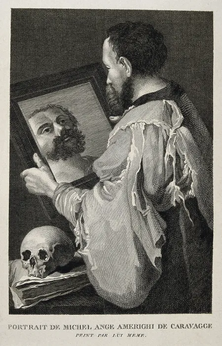 Framed Print : CARAVAGGIO, Michelangelo Merisi da (1573-1610). Italian painter of the Baroque. Portrait of Caravaggio facing a mirror, with a book and a skull. Baroque art. Engraving. SPAIN