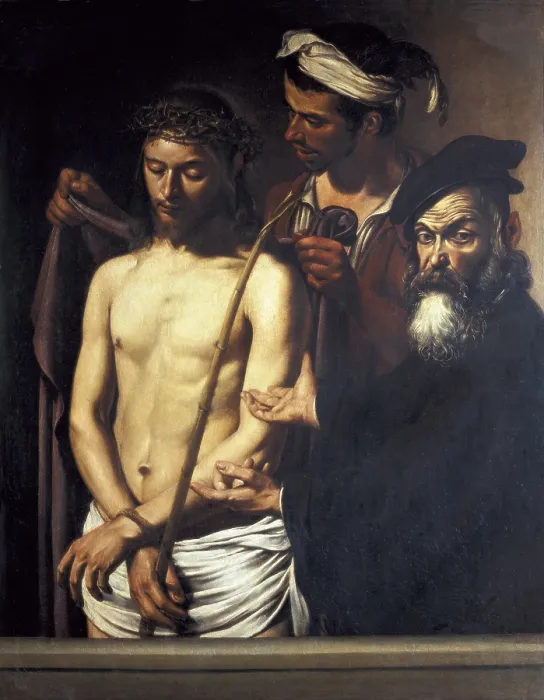 Framed Print : CARAVAGGIO, Michelangelo Merisi da (1573-1610). Ecce homo. 1609. ITALY. Genoa. Palazzo Rosso. Pontius Pilate is actually the author's self-portrait. Baroque art. Oil