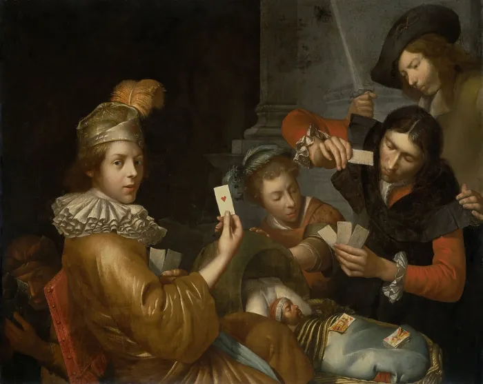 Framed Print : Card Game on the Cradle: Allegory, attrib. to Johannes van Wijckersloot, 1643-83, Dutch oil painting. The baby in the cradle has a beard and facial structure of an adult man Framed Print : Card Game on the Cradle: Allegory, attrib. to Johannes van Wijckersloot, 1643-83, Dutch oil painting. The baby in the cradle has a beard and facial structure of an adult man