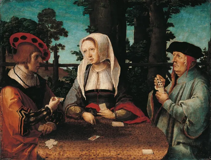 Framed Print : The Card Players, by Van Leyden Lucas known as Luca da Leida, 1525, 16th Century, wood, cm 40 x 50 - Switzerland, Canton Ticino, Lugano, Lugano, Villa Favorita