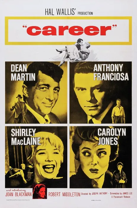 Framed Print : CAREER, US poster art, clockwise from top left: Dean Martin, Anthony Franciosa, Carolyn Jones, Shirley MacLaine; bottom inset: Joan Blackman, 1959