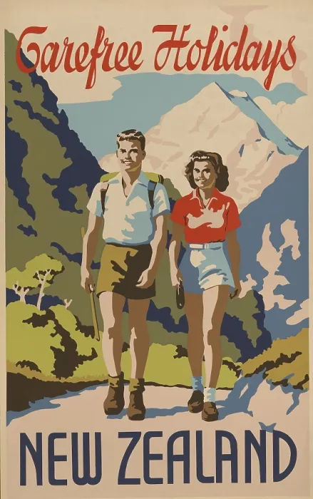 Framed Print : Carefree holidays New Zealand. 1930's travel poster shows a young man and woman hiking in the mountains. (BSLOC_2015_14_210)