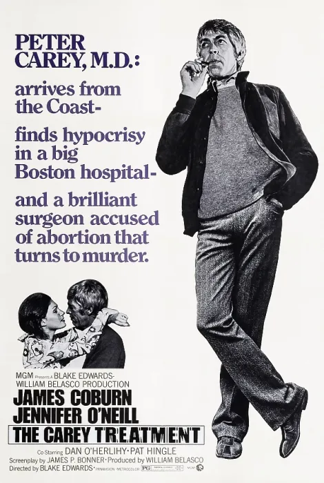 Framed Print : THE CAREY TREATMENT, US poster art, bottom left: Jennifer O'Neill, James Coburn; right: James Coburn, 1972