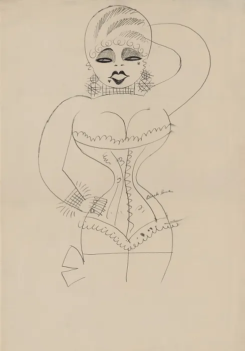 Framed Print : Caricature of a corseted Mae West by Miguel Cobarrubias. Ca. 1935