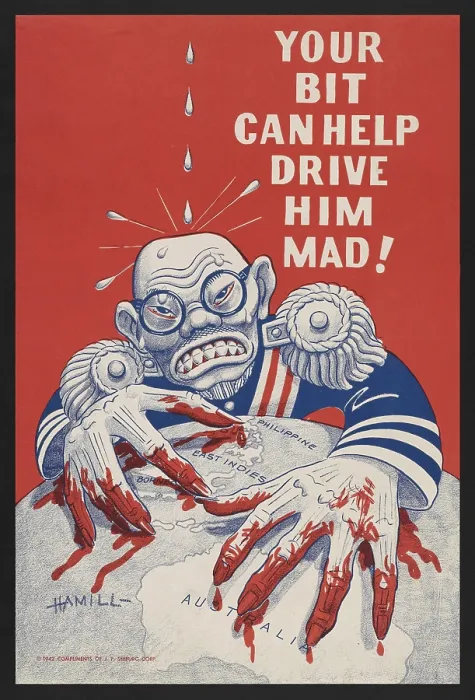 Framed Print : Caricature of Emperor Hirohito with bloody fingers grasping on a globe as water drips on his head. The U.S