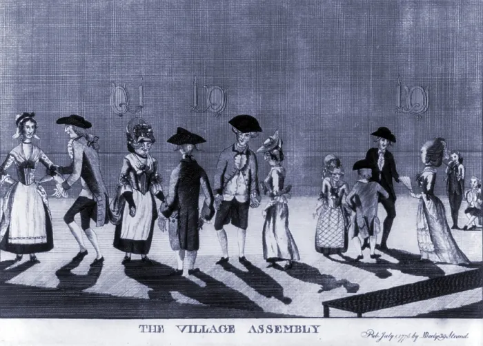 Framed Print : Caricature of stately dance performed at a British village assembly. 1776 Framed Print : Caricature of stately dance performed at a British village assembly. 1776