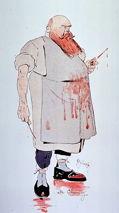 Framed Print : Caricature of a surgeon holding instruments and wearing blood splattered apron and shoes Framed Print : Caricature of a surgeon holding instruments and wearing blood splattered apron and shoes