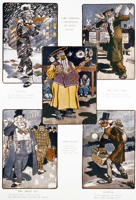 Framed Print : Caricatures during Christmas, title: Some childish concepts of Christmas, Orthodox Jew reading book by Emerson in Boston in snow Framed Print : Caricatures during Christmas, title: Some childish concepts of Christmas, Orthodox Jew reading book by Emerson in Boston in snow