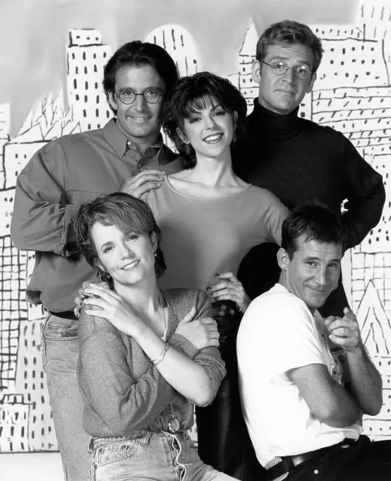 Framed Print : CAROLINE IN THE CITY, clockwise, from bottom left: Lea Thompson, Eric Lutes, Amy Pietz, Malcolm Gets, Andy Lauer, (Season 2, 1996-1997), 1995-1999