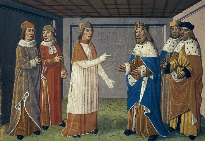 Framed Print : Carolingian Empire. Charlemagne welcomes Pope Leo XIII who fled Rome. Gothic art. Miniature Painting. ITALY. Turin. National Library of the Turin University. - J Framed Print : Carolingian Empire. Charlemagne welcomes Pope Leo XIII who fled Rome. Gothic art. Miniature Painting. ITALY. Turin. National Library of the Turin University. - J